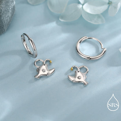 Sterling Silver Anglerfish Hoop Earrings – Polished Finish with Gold Accents, Angler Fish Earrings, Lantern Fish Hoops, Detachable Charms