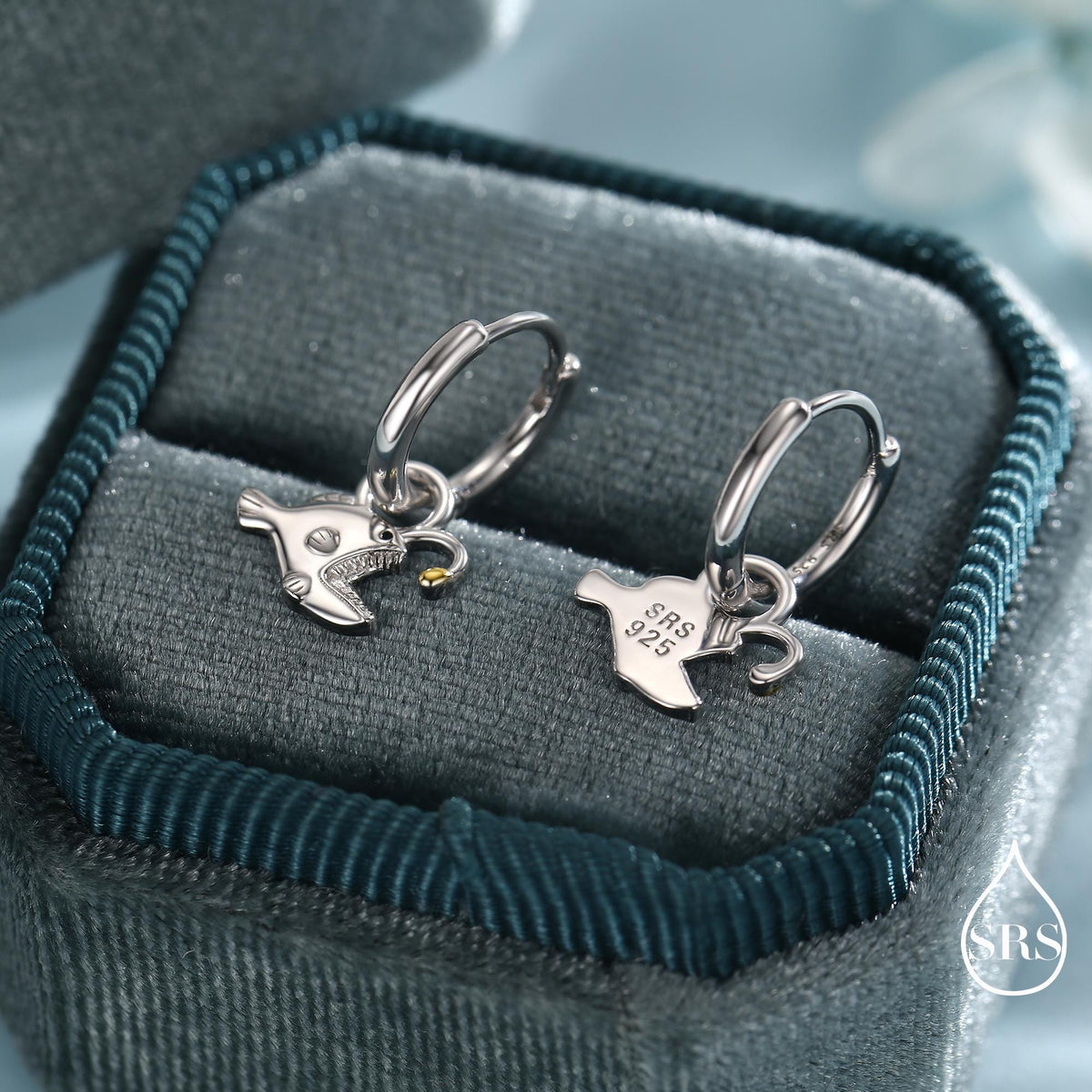 Sterling Silver Anglerfish Hoop Earrings – Polished Finish with Gold Accents, Angler Fish Earrings, Lantern Fish Hoops, Detachable Charms
