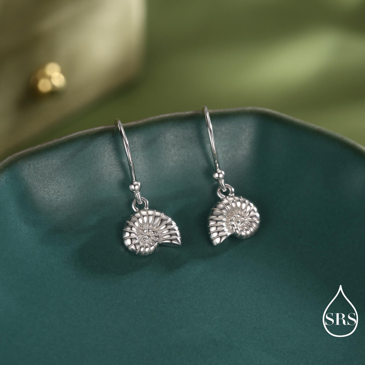 Sterling Silver Ammonite Shell Dangle Earrings – Polished Nautilus-Inspired Design - Silver, Gold or Rose Gold Finish