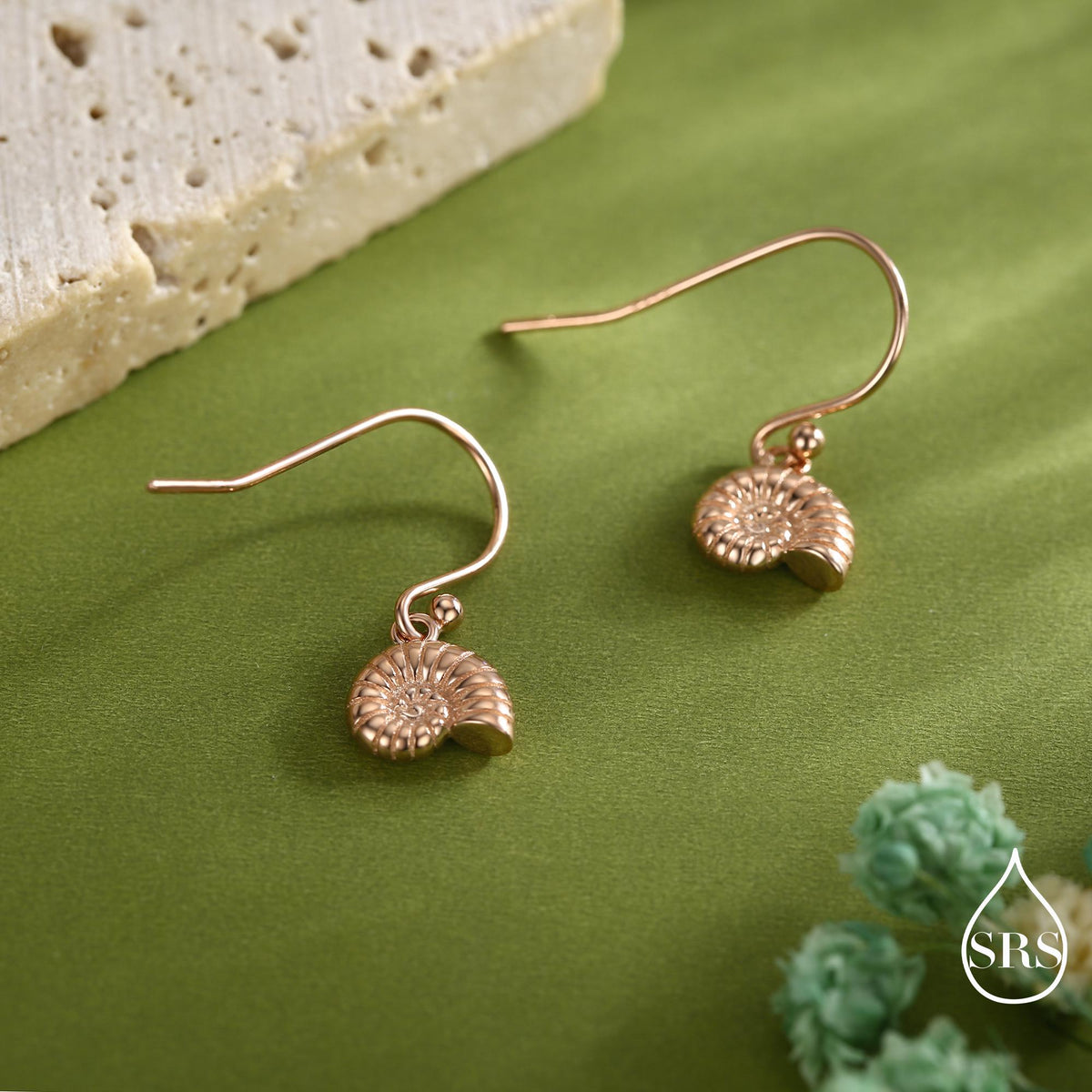 Sterling Silver Ammonite Shell Dangle Earrings – Polished Nautilus-Inspired Design - Silver, Gold or Rose Gold Finish