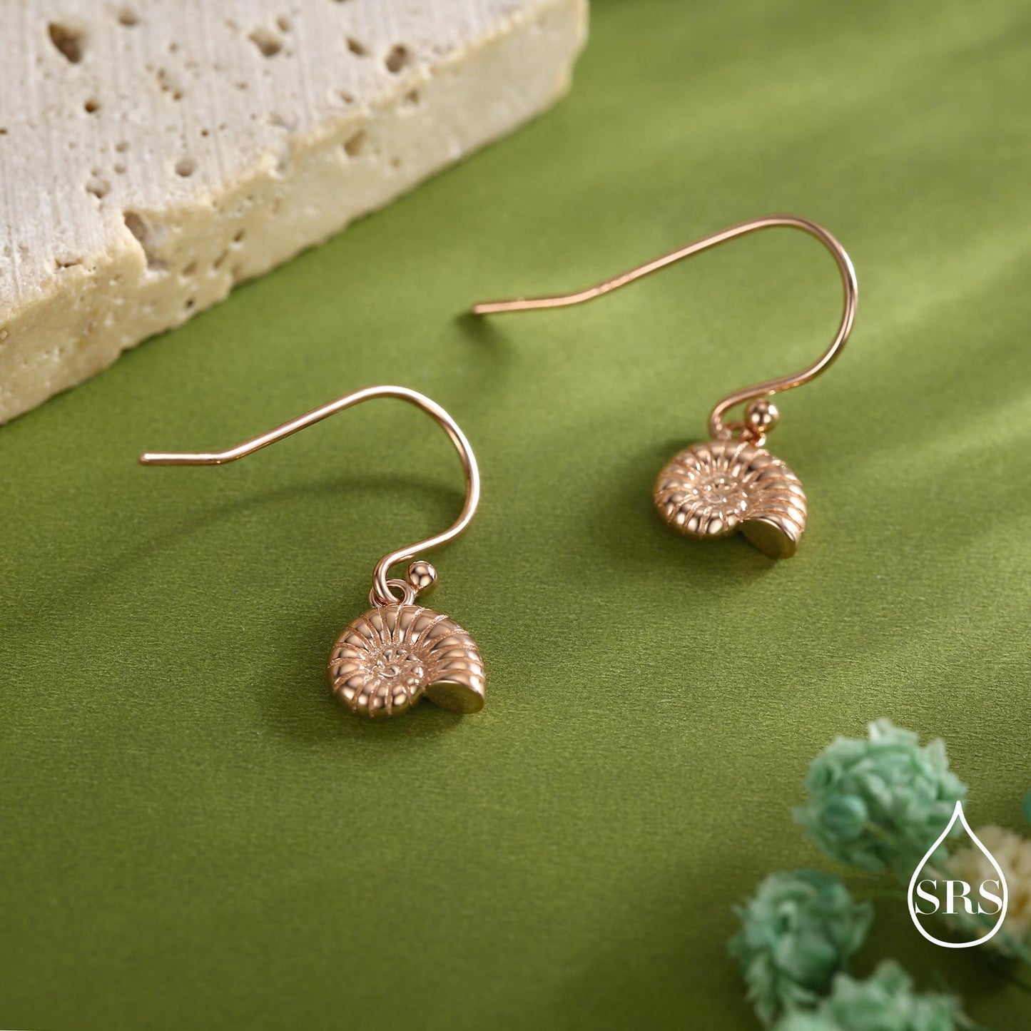 Sterling Silver Ammonite Shell Dangle Earrings – Polished Nautilus-Inspired Design - Silver, Gold or Rose Gold Finish