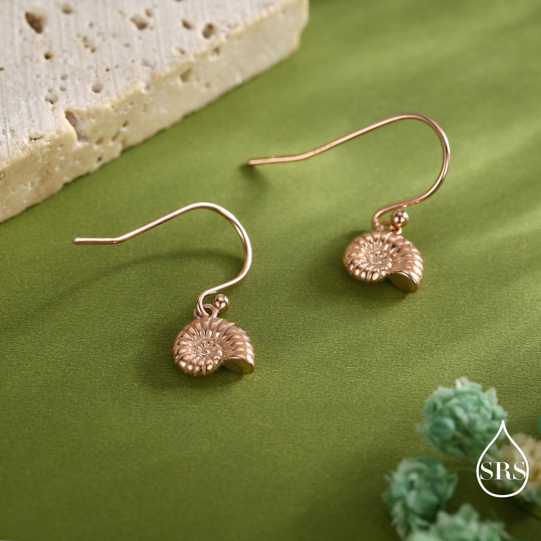 Sterling Silver Ammonite Shell Dangle Earrings – Polished Nautilus-Inspired Design - Silver, Gold or Rose Gold Finish