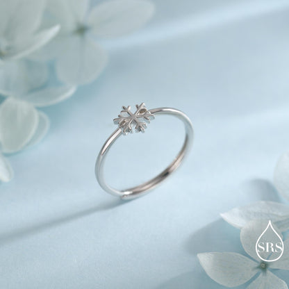 Tiny Snowflake Ring in Sterling Silver, Minimalist Winter Design, Adjustable Size, Festive Season Snow Ring