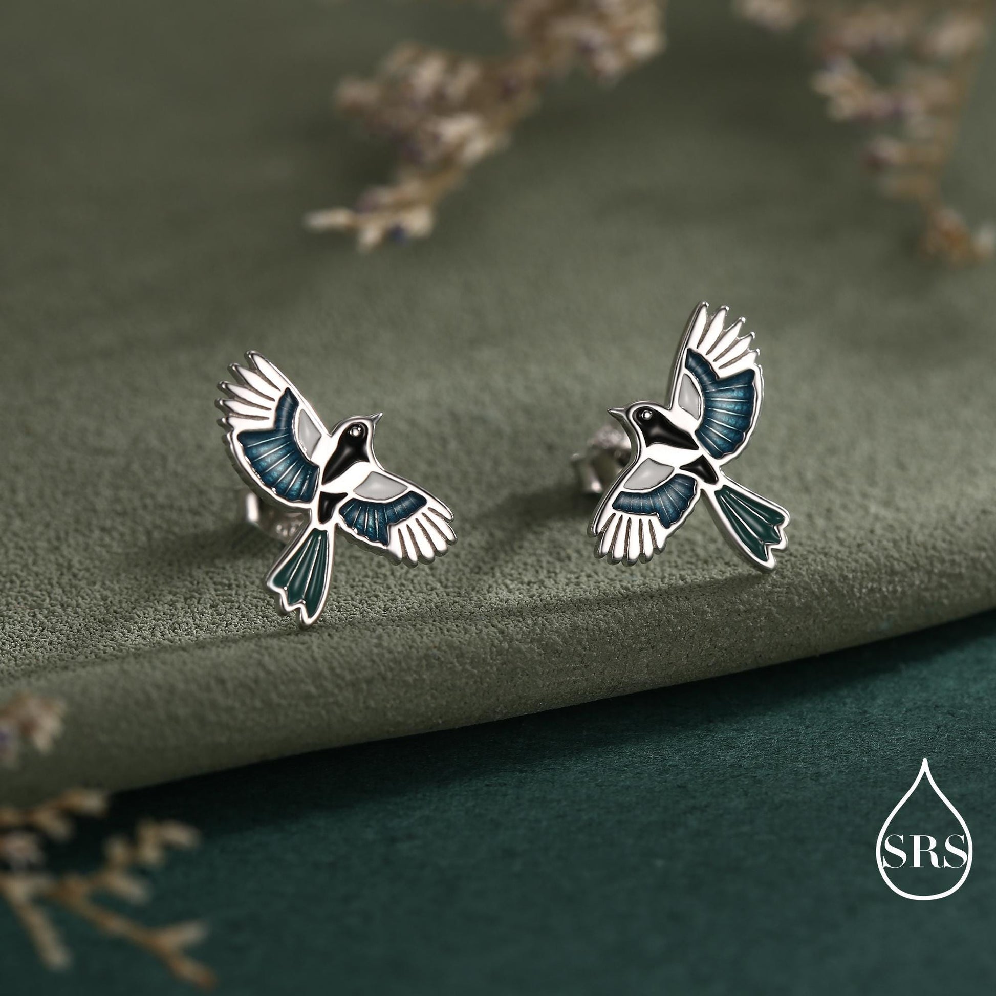 Magpie Bird Stud Earrings in Sterling Silver with Enamel Glaze, Flying Magpie Bird Earrings, Nature Inspired Animal Earrings, Magpie Stud