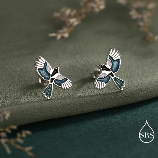 Magpie Bird Stud Earrings in Sterling Silver with Enamel Glaze, Flying Magpie Bird Earrings, Nature Inspired Animal Earrings, Magpie Stud