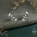 Magpie Bird Stud Earrings in Sterling Silver with Enamel Glaze, Flying Magpie Bird Earrings, Nature Inspired Animal Earrings, Magpie Stud