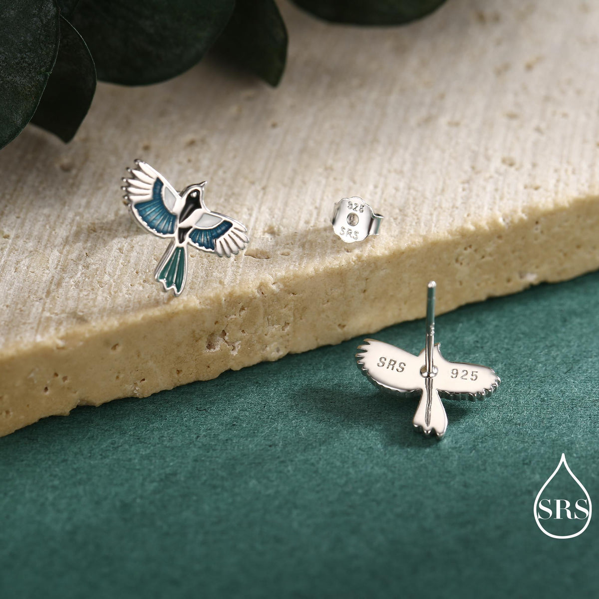 Magpie Bird Stud Earrings in Sterling Silver with Enamel Glaze, Flying Magpie Bird Earrings, Nature Inspired Animal Earrings, Magpie Stud