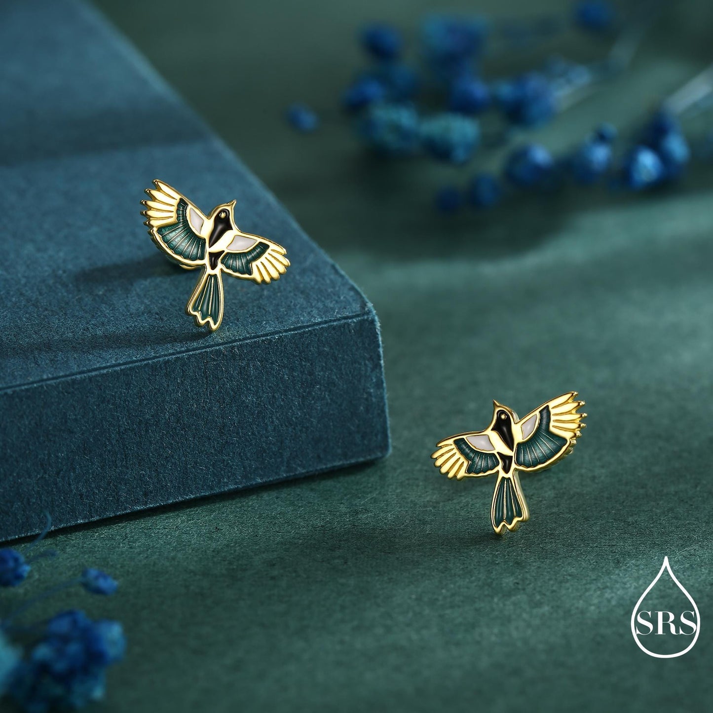 Magpie Bird Stud Earrings in Sterling Silver with Enamel Glaze, Flying Magpie Bird Earrings, Nature Inspired Animal Earrings, Magpie Stud