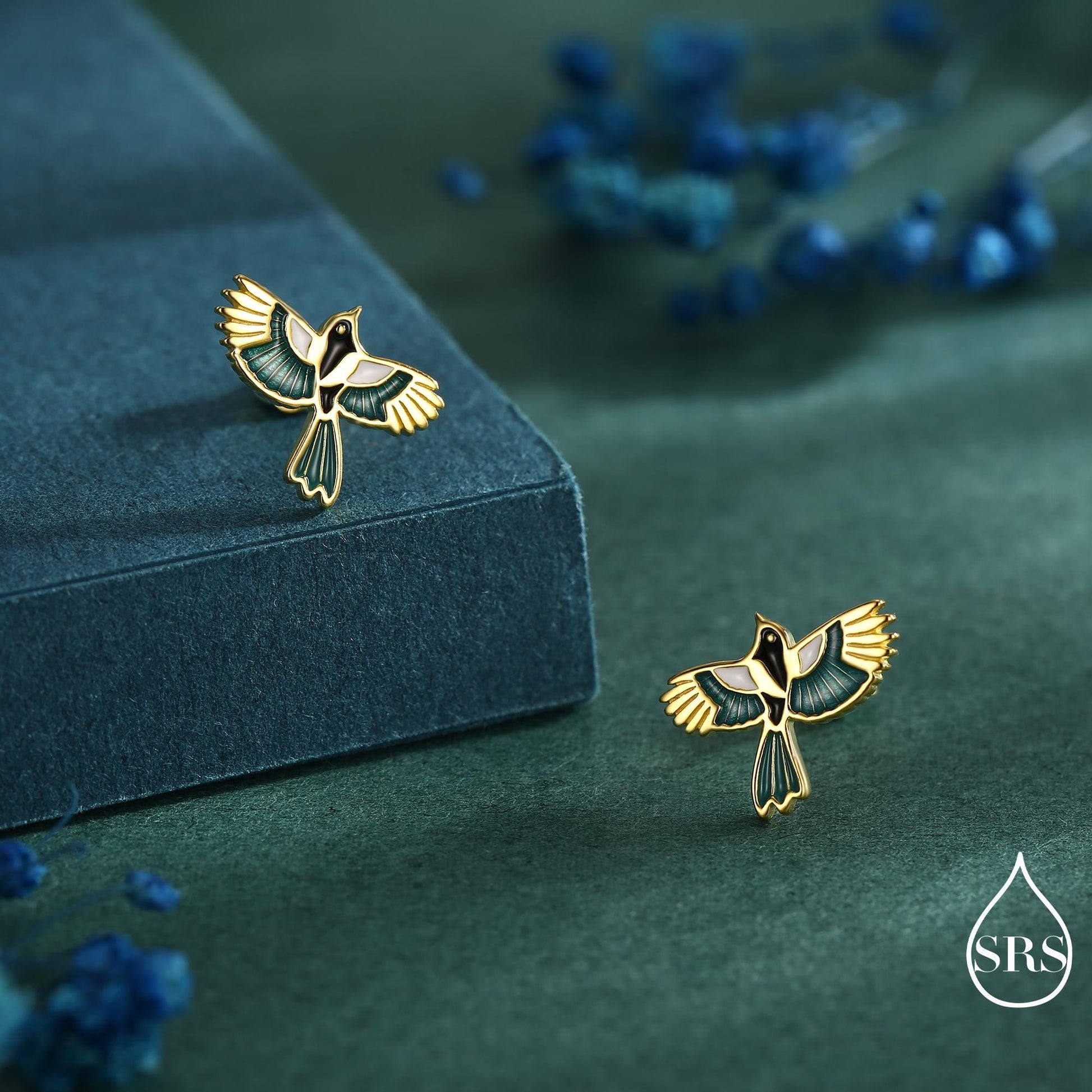 Magpie Bird Stud Earrings in Sterling Silver with Enamel Glaze, Flying Magpie Bird Earrings, Nature Inspired Animal Earrings, Magpie Stud