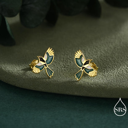 Magpie Bird Stud Earrings in Sterling Silver with Enamel Glaze, Flying Magpie Bird Earrings, Nature Inspired Animal Earrings, Magpie Stud