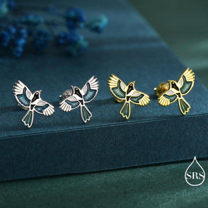 Magpie Bird Stud Earrings in Sterling Silver with Enamel Glaze, Flying Magpie Bird Earrings, Nature Inspired Animal Earrings, Magpie Stud