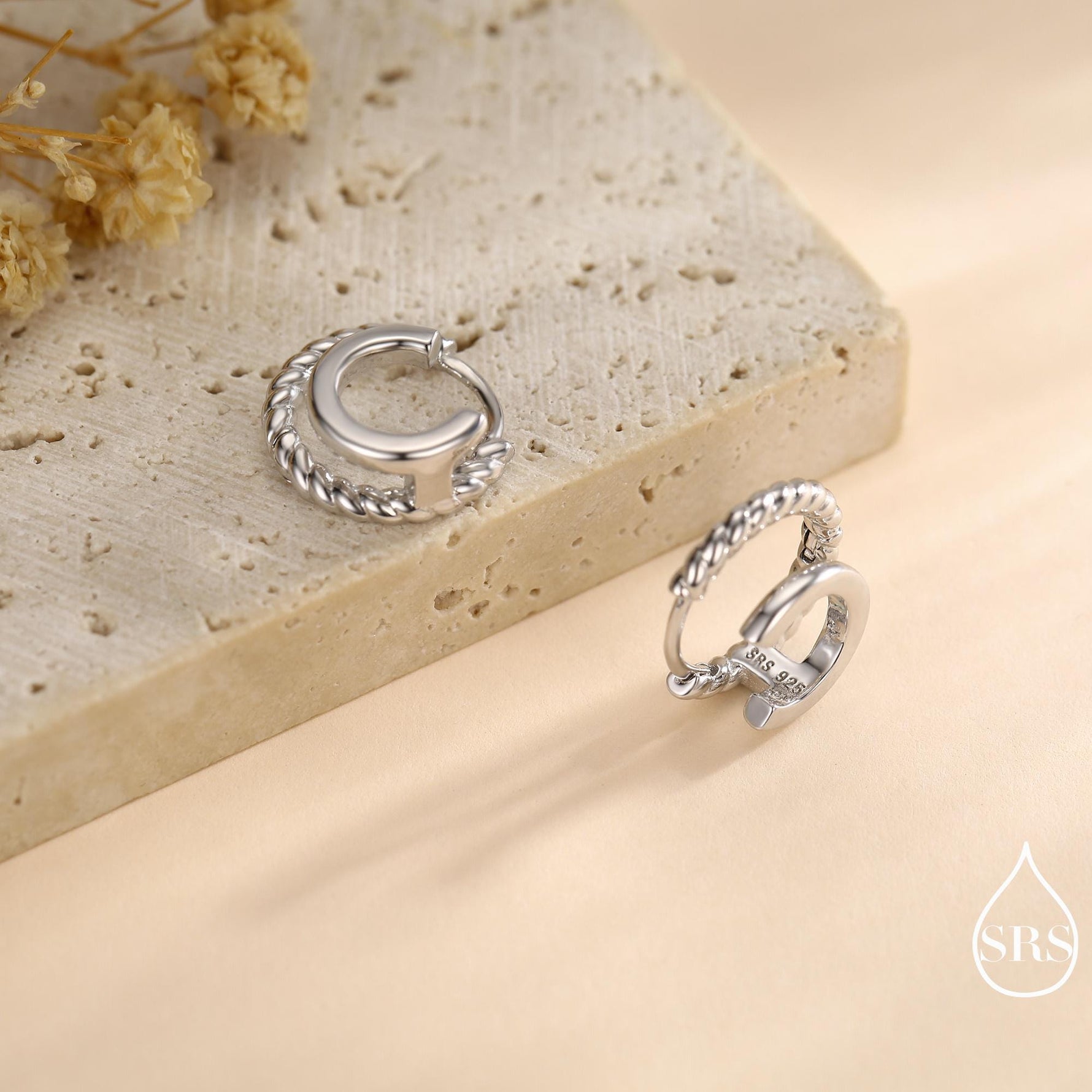 Single Piercing Double Hoop Effect Earrings in Sterling Silver, Braided Texture Hoop Earrings, Silver, Gold, Rose Gold, Dainty and Delicate