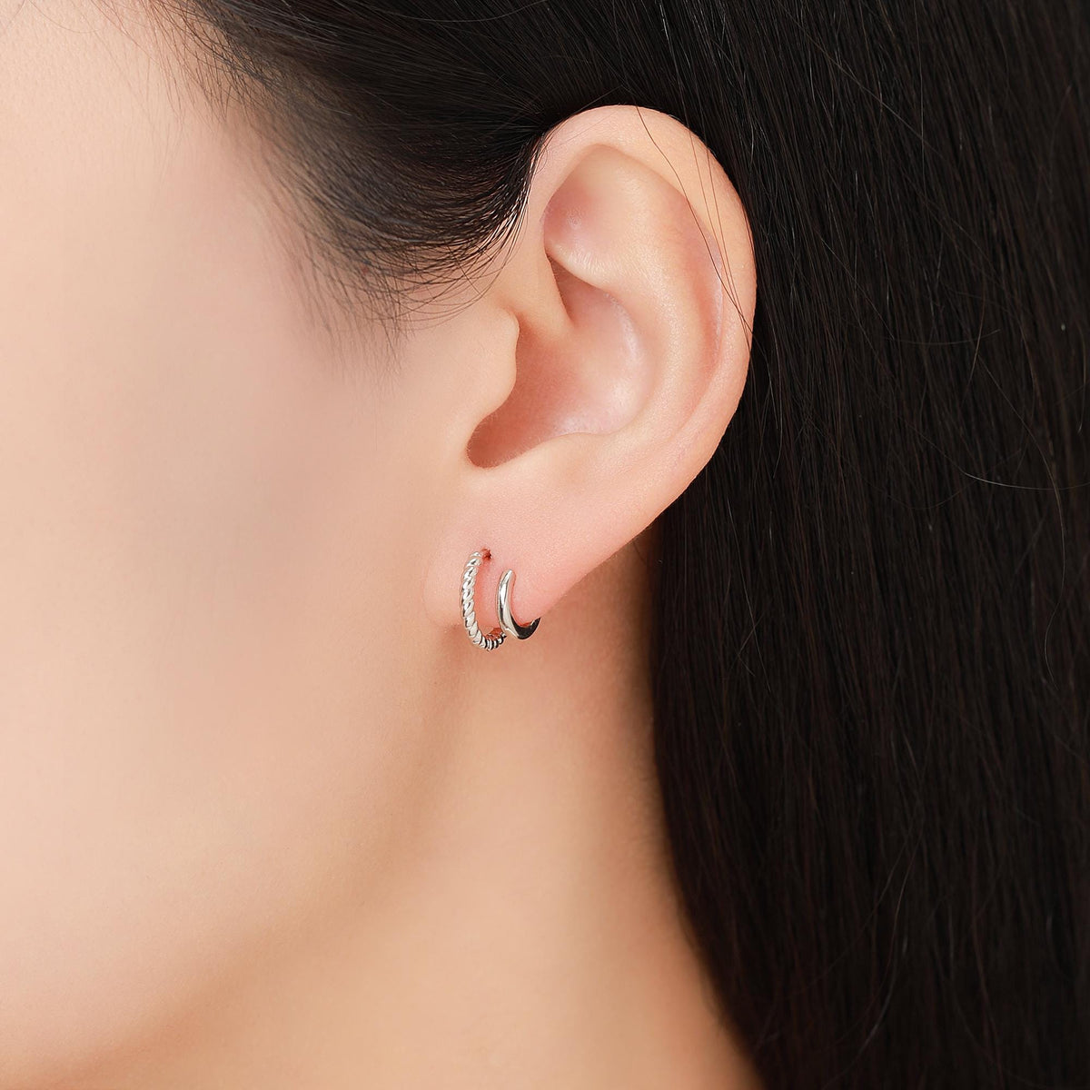 Single Piercing Double Hoop Effect Earrings in Sterling Silver, Braided Texture Hoop Earrings, Silver, Gold, Rose Gold, Dainty and Delicate