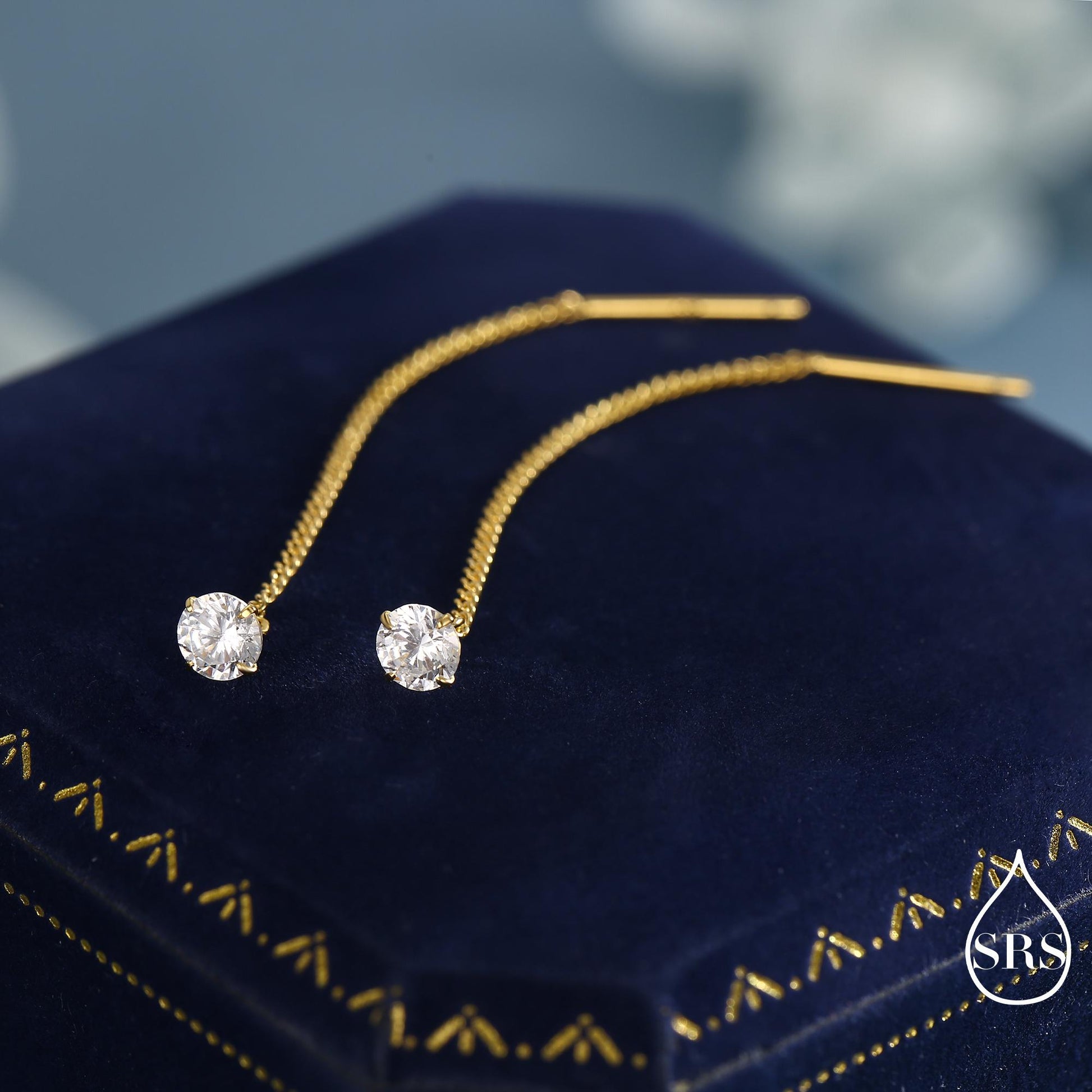 Minimalist CZ Threader Earrings in Sterling Silver, Silver or Gold or Rose Gold Finish, Thread Through Ear Threaders, CZ Earrings