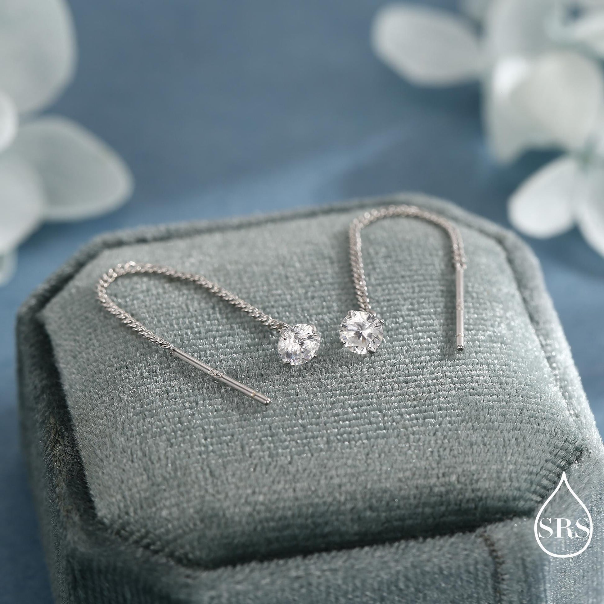 Minimalist CZ Threader Earrings in Sterling Silver, Silver or Gold or Rose Gold Finish, Thread Through Ear Threaders, CZ Earrings