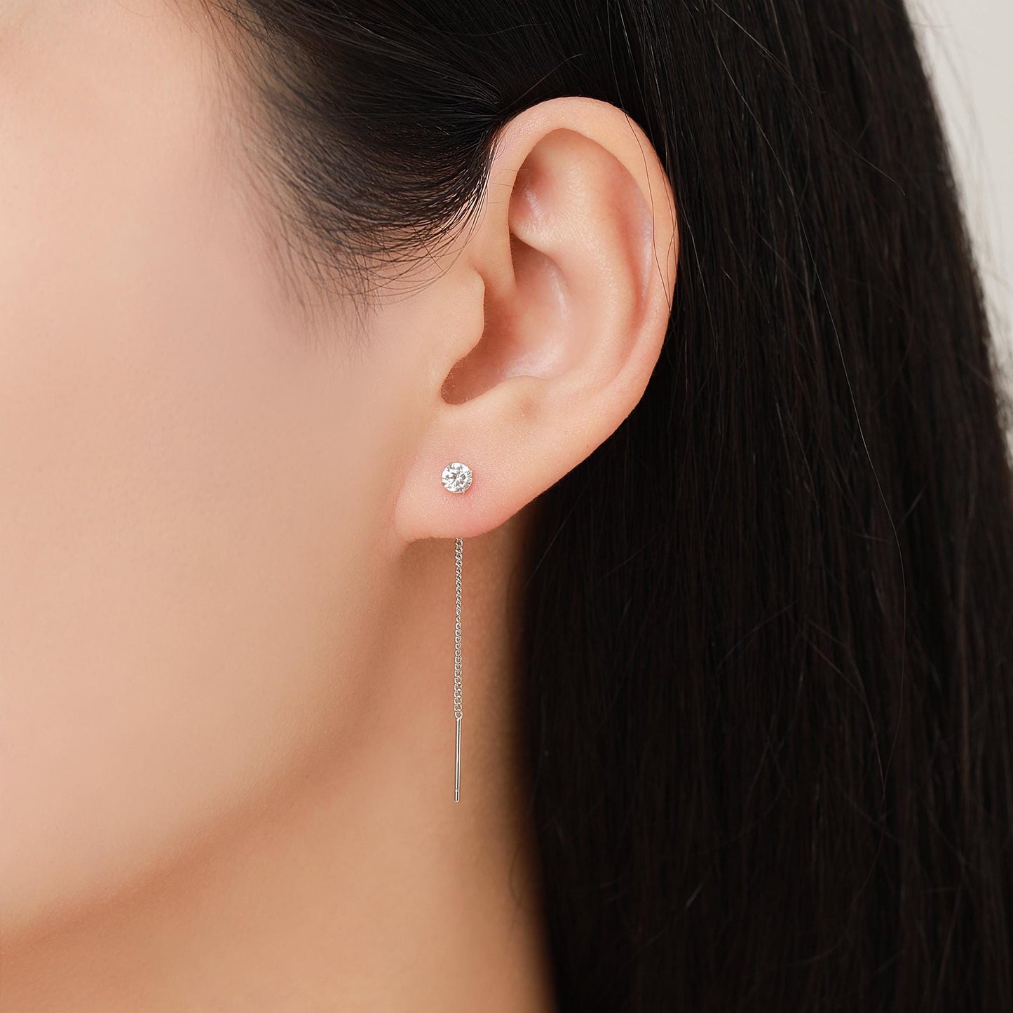 Minimalist CZ Threader Earrings in Sterling Silver, Silver or Gold or Rose Gold Finish, Thread Through Ear Threaders, CZ Earrings