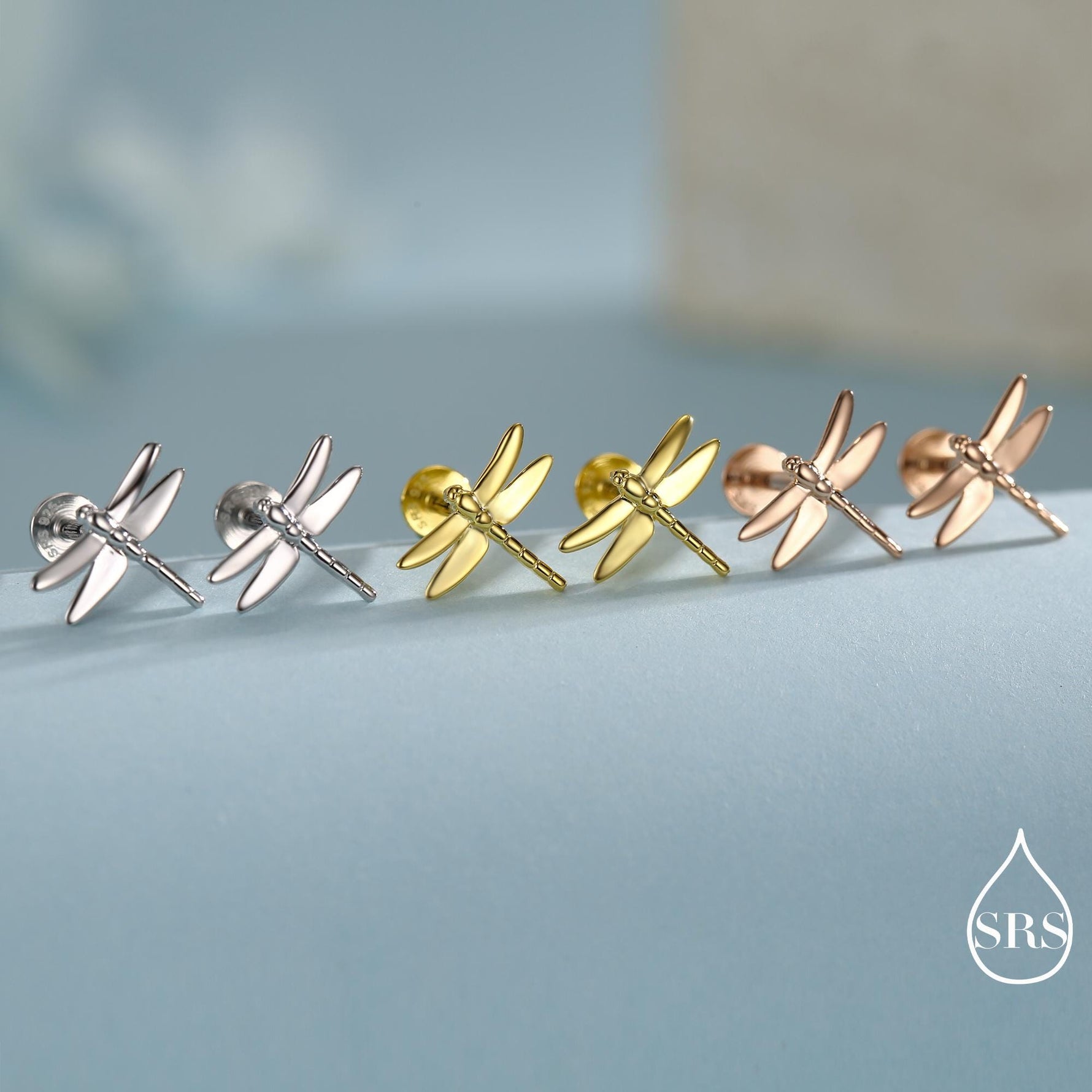 Internally Threaded Dragonfly Flat Back/ Screw Back / Stud Earrings in Sterling Silver, Cute Fun Quirky Animal Jewellery, Nature Inspired