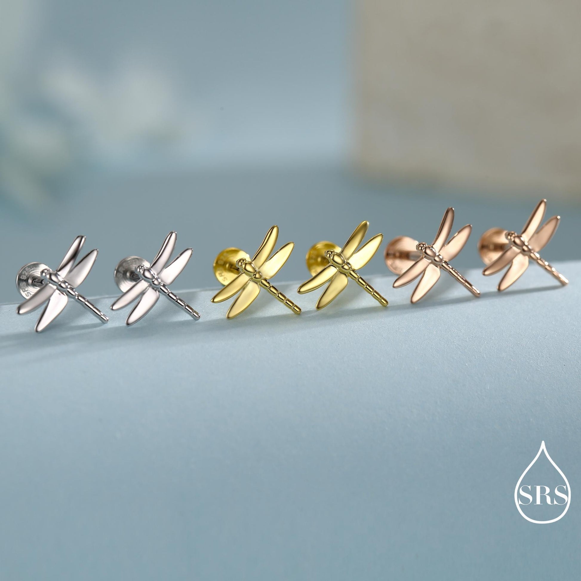 Dragonfly Screw Back / Flat Back / Stud Earrings in Sterling Silver, Cute Fun Quirky Animal Jewellery, Nature Inspired