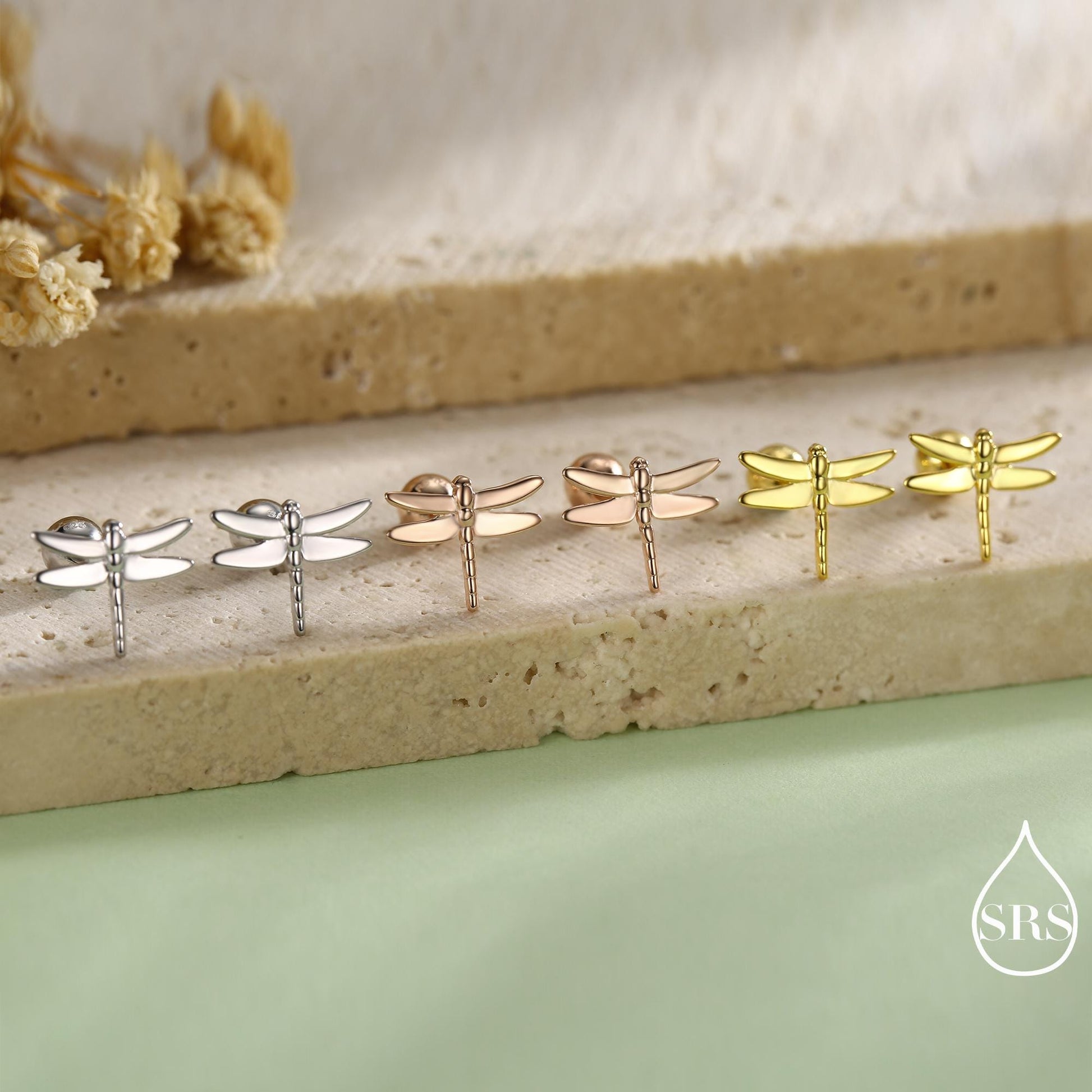 Dragonfly Screw Back / Flat Back / Stud Earrings in Sterling Silver, Cute Fun Quirky Animal Jewellery, Nature Inspired