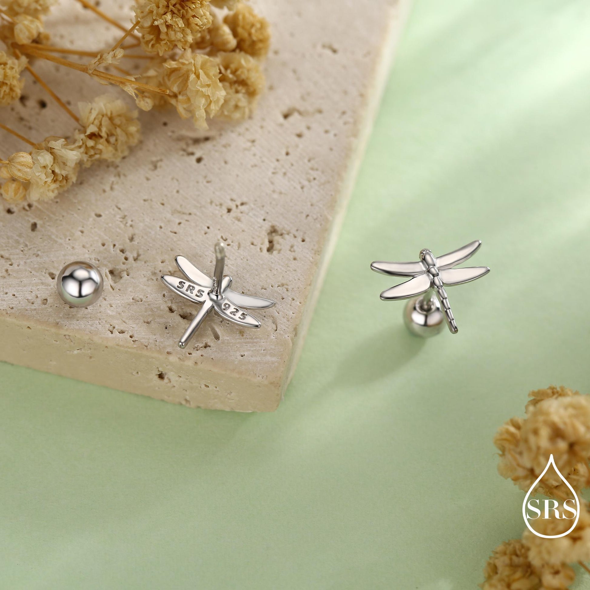 Dragonfly Screw Back / Flat Back / Stud Earrings in Sterling Silver, Cute Fun Quirky Animal Jewellery, Nature Inspired