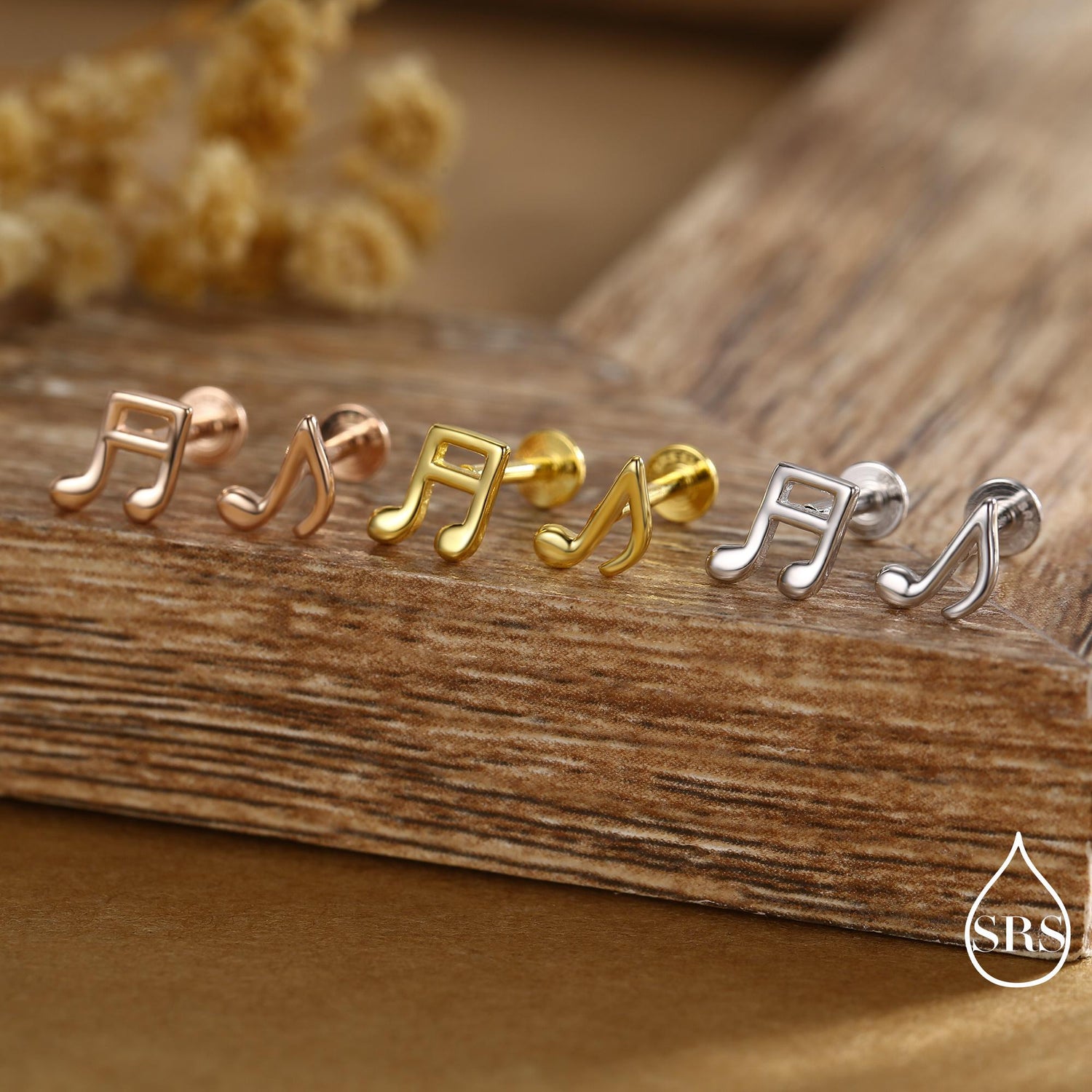 Internally Threaded Music Notes Flat Back / Screw Back / Stud Earrings in Sterling Silver, Mismatched Music Symbol Stud Earrings