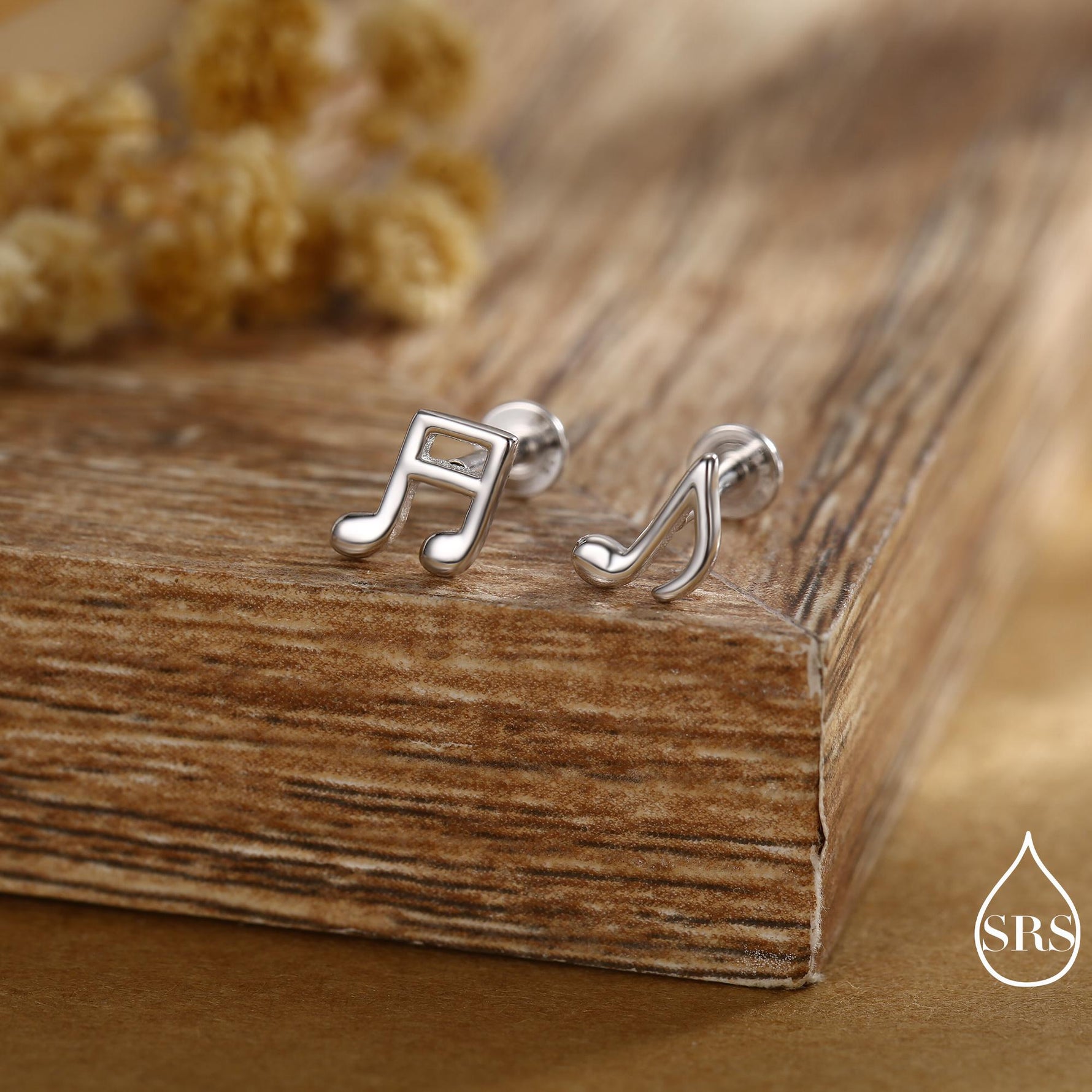 Internally Threaded Music Notes Flat Back / Screw Back / Stud Earrings in Sterling Silver, Mismatched Music Symbol Stud Earrings