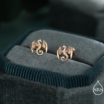 Dragon Internally Threaded Flat Back / Screw Back / Stud Earrings in Sterling Silver, Silver or Gold or Rose Gold Finish