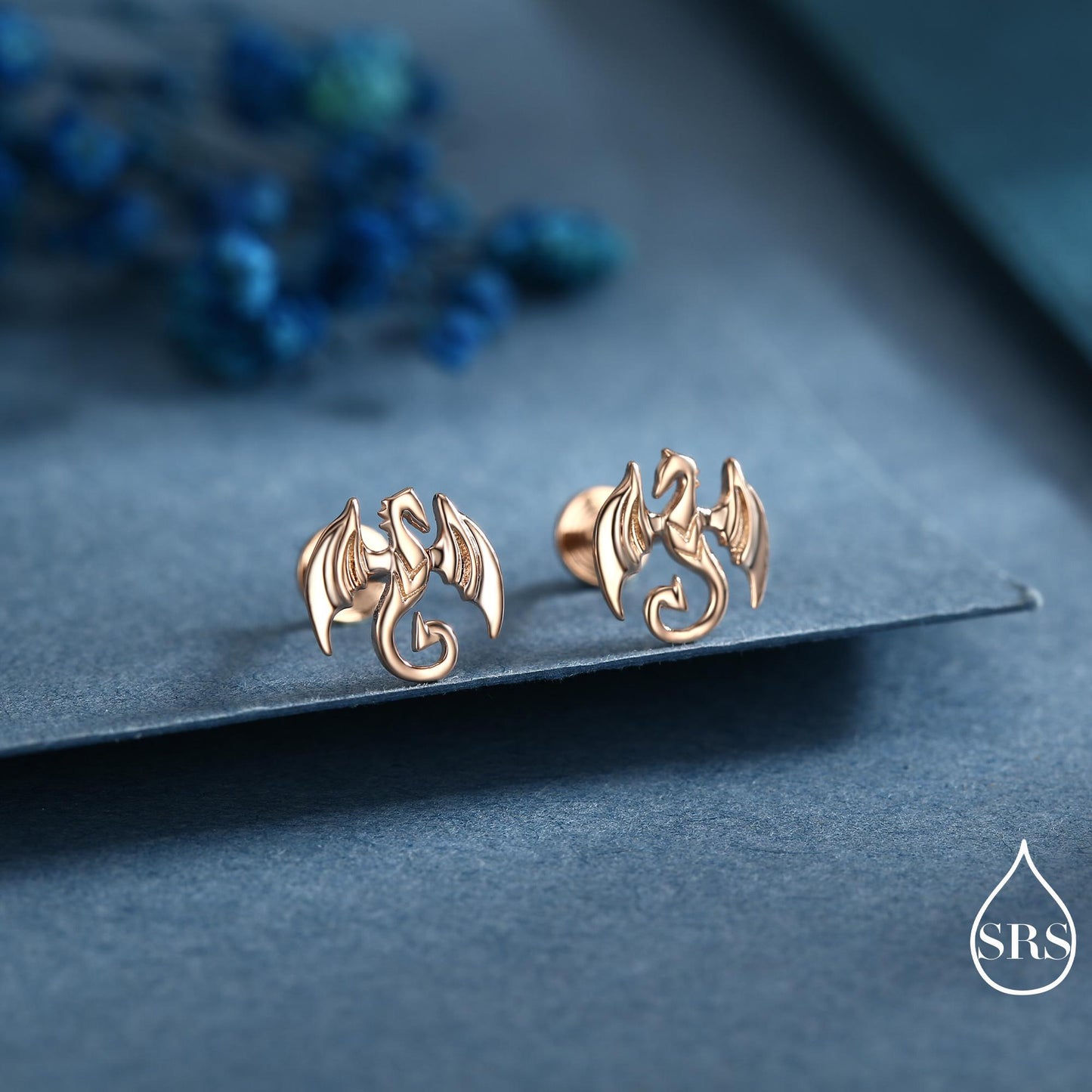 Dragon Internally Threaded Flat Back / Screw Back / Stud Earrings in Sterling Silver, Silver or Gold or Rose Gold Finish