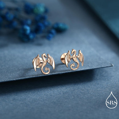 Dragon Internally Threaded Flat Back / Screw Back / Stud Earrings in Sterling Silver, Silver or Gold or Rose Gold Finish