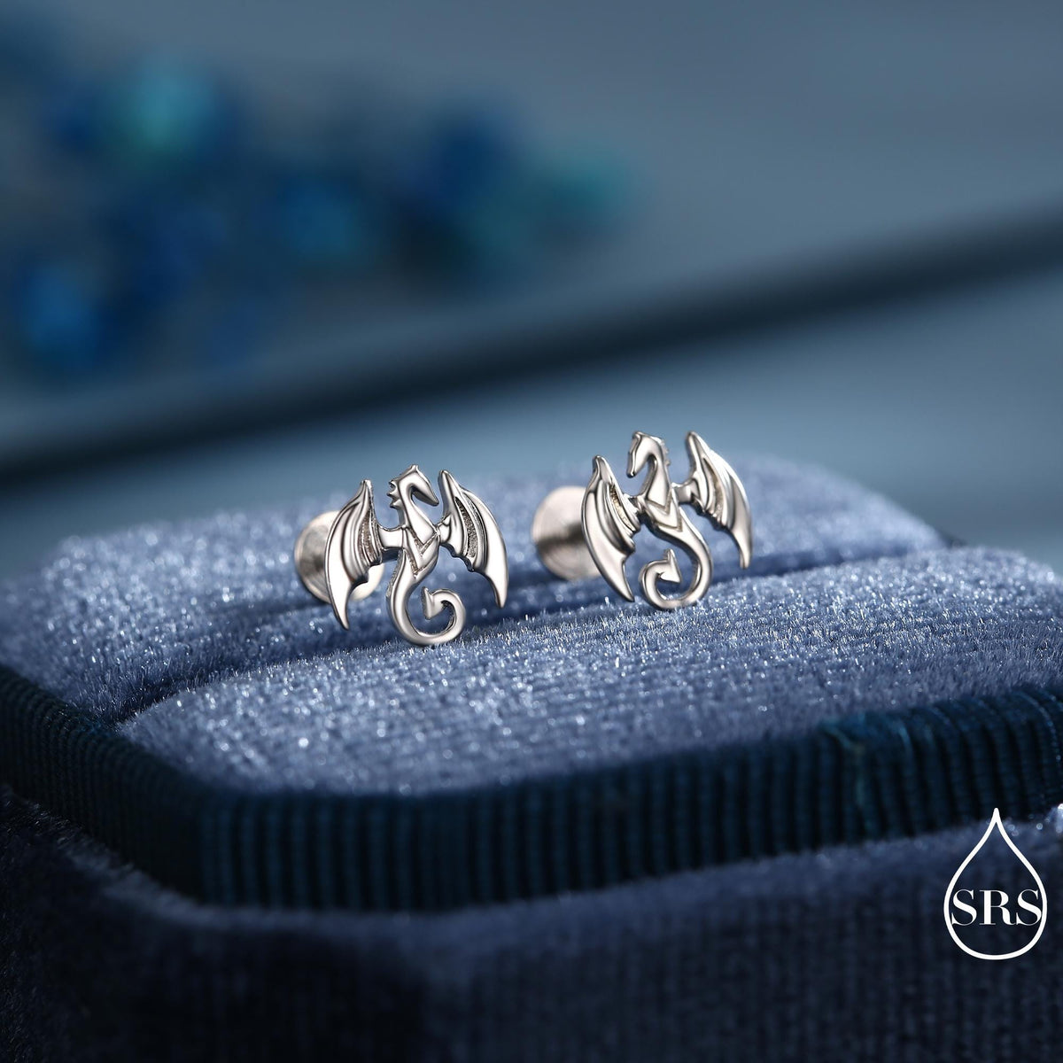 Dragon Internally Threaded Flat Back / Screw Back / Stud Earrings in Sterling Silver, Silver or Gold or Rose Gold Finish