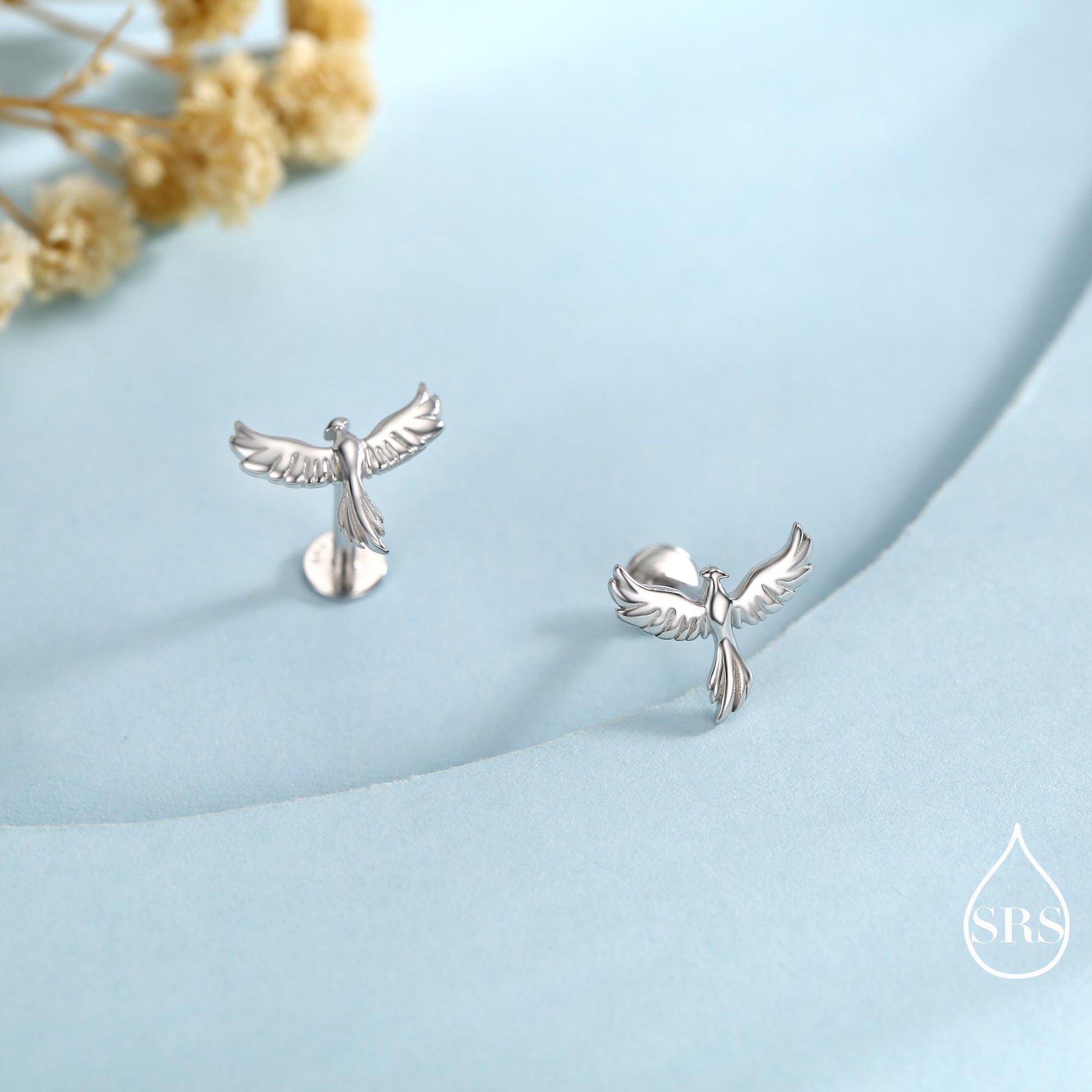Phoenix Screw Back /Flat Back /Stud Earrings in Sterling Silver, Silver or Gold or Rose Gold Finish, Phoenix Earrings