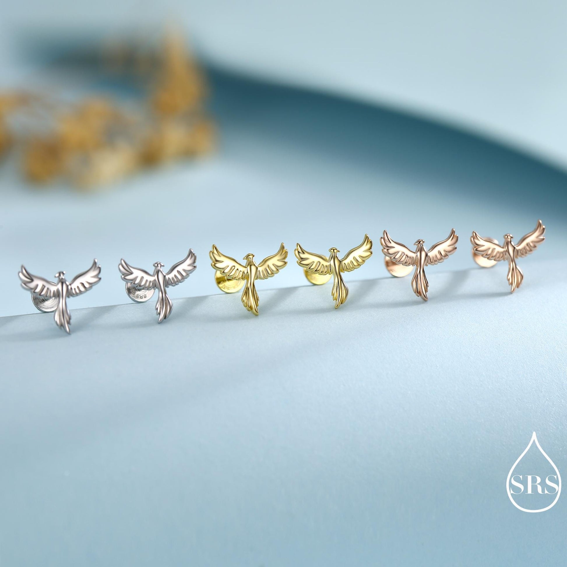 Phoenix Screw Back /Flat Back /Stud Earrings in Sterling Silver, Silver or Gold or Rose Gold Finish, Phoenix Earrings