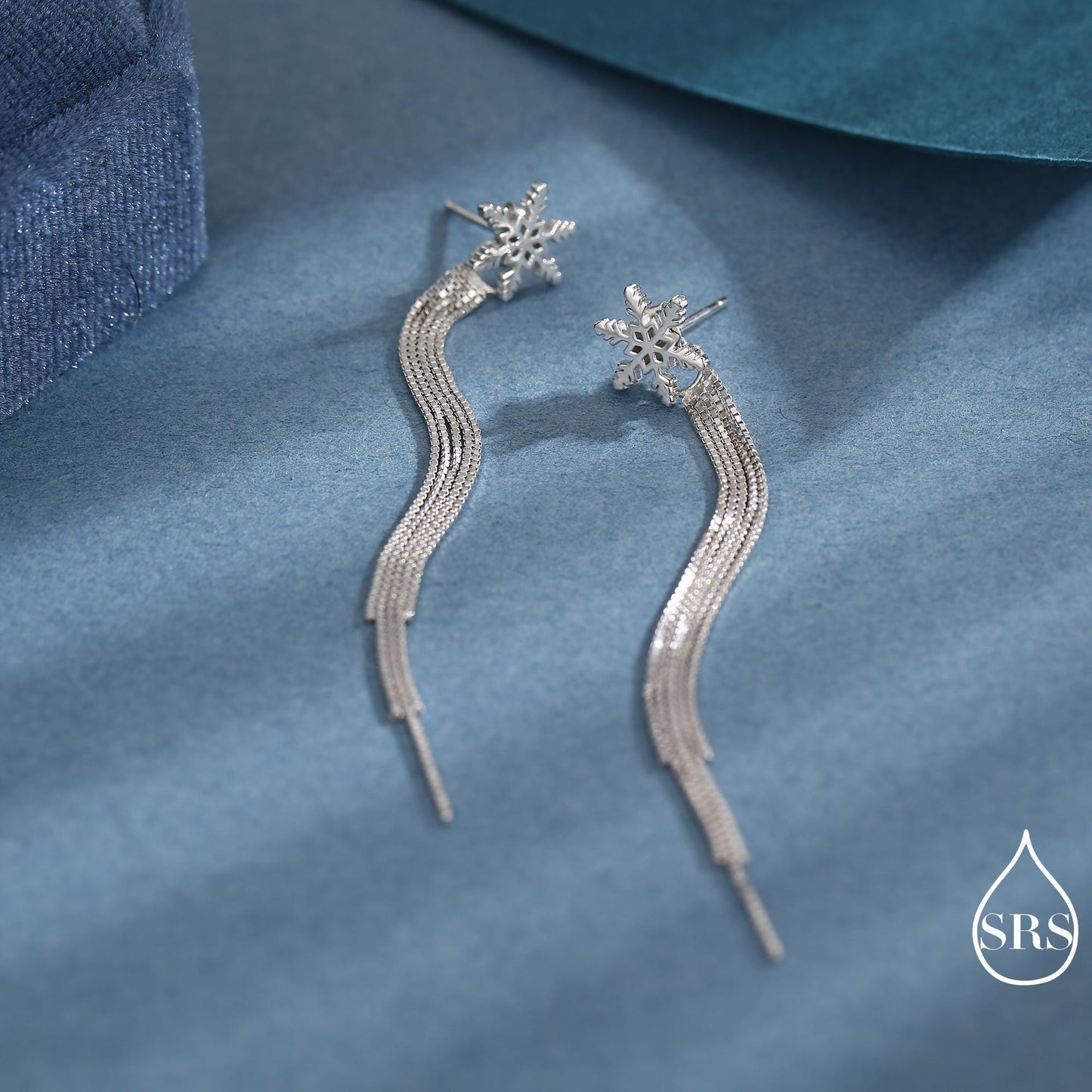 Snowflake Dangle Drop Stud Earrings in Sterling Silver with Tassels, Silver or Gold or Rose Gold, Winter Statement Earrings