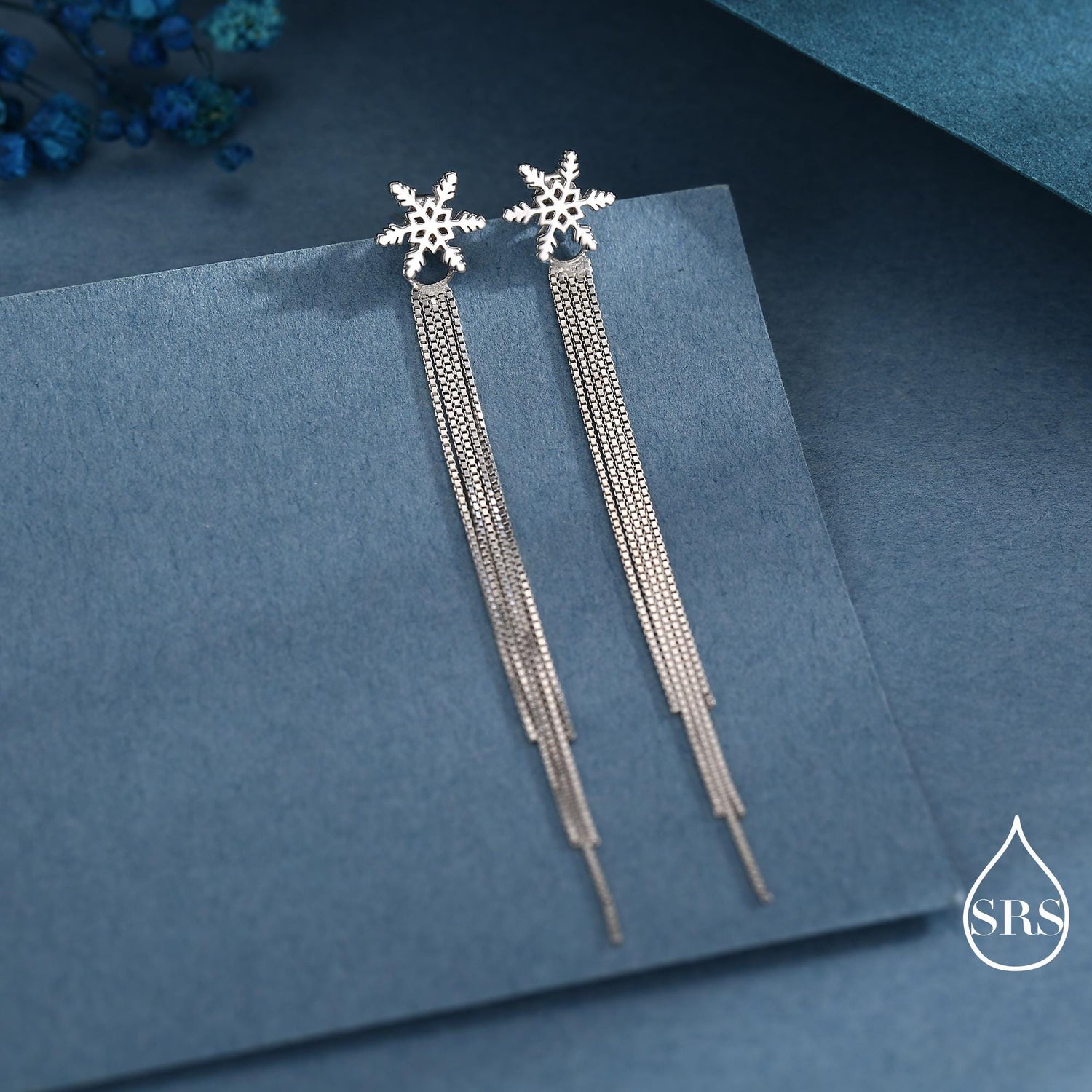 Snowflake Dangle Drop Stud Earrings in Sterling Silver with Tassels, Silver or Gold or Rose Gold, Winter Statement Earrings