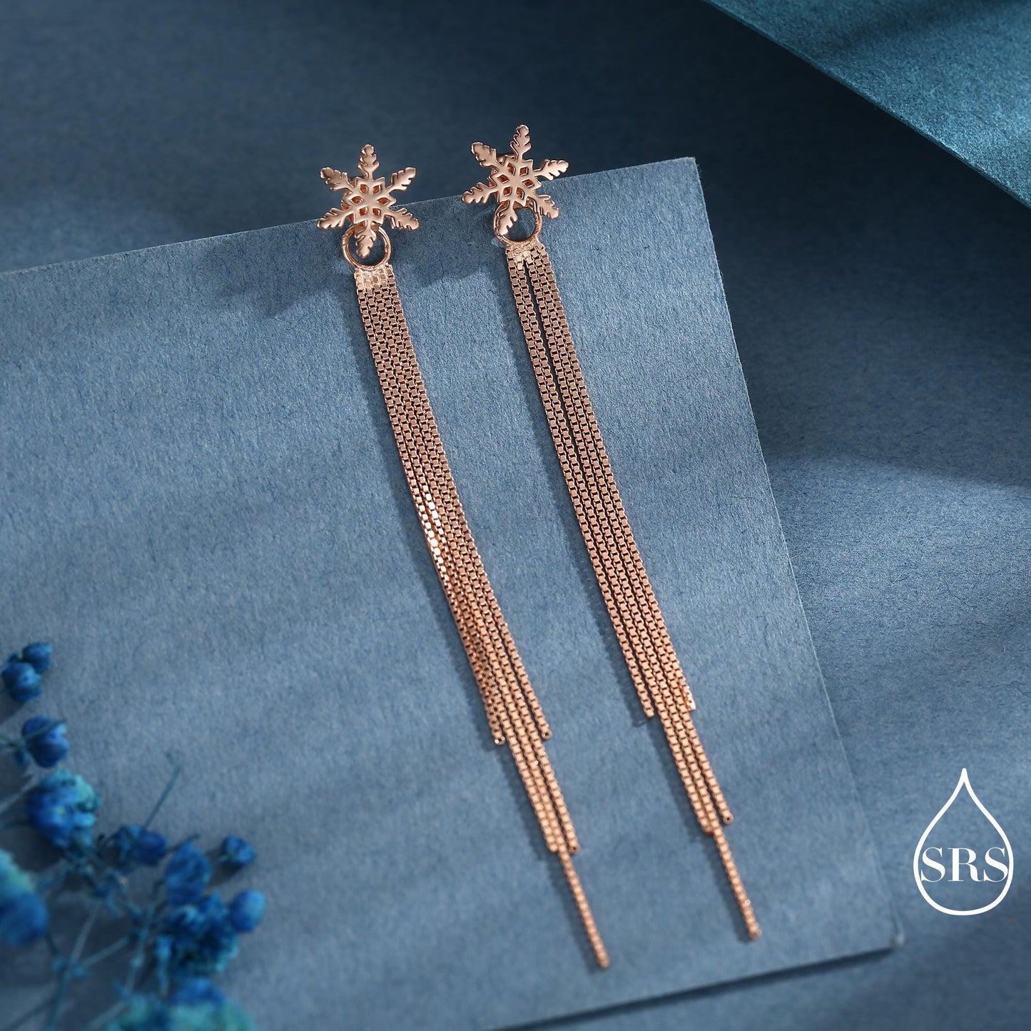 Snowflake Dangle Drop Stud Earrings in Sterling Silver with Tassels, Silver or Gold or Rose Gold, Winter Statement Earrings