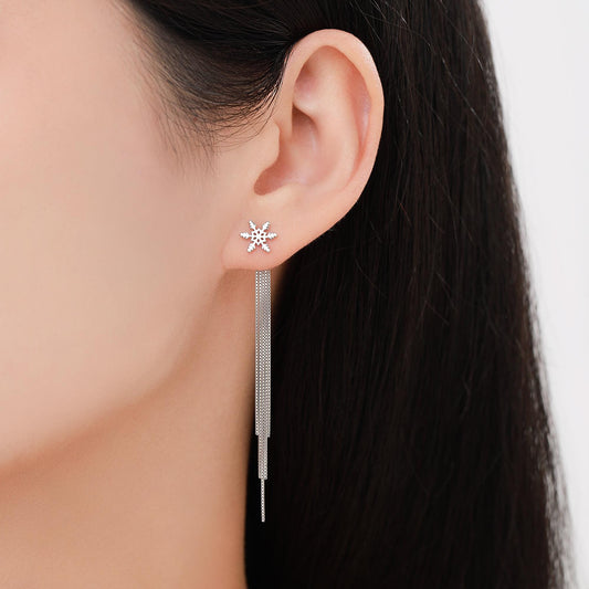 Snowflake Dangle Drop Stud Earrings in Sterling Silver with Tassels, Silver or Gold or Rose Gold, Winter Statement Earrings