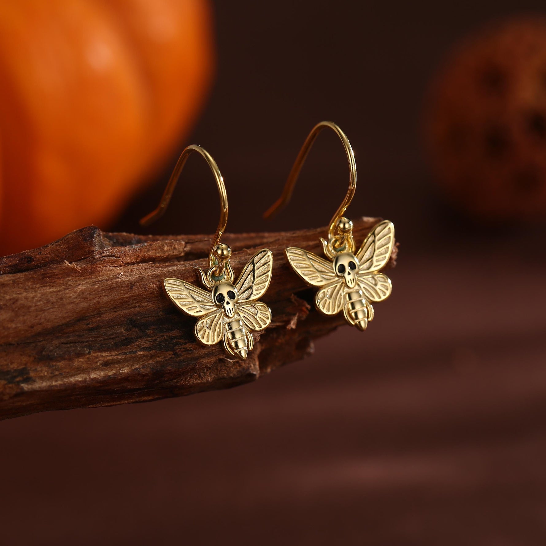 Death's-head Hawkmoth Moth Drop Hook Earrings in Sterling Silver, Silver Gold or Rose Gold, Nature Inspired Insect Animal Earrings