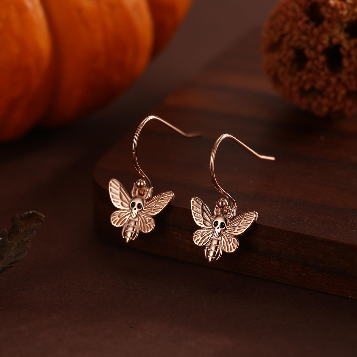 Death's-head Hawkmoth Moth Drop Hook Earrings in Sterling Silver, Silver Gold or Rose Gold, Nature Inspired Insect Animal Earrings