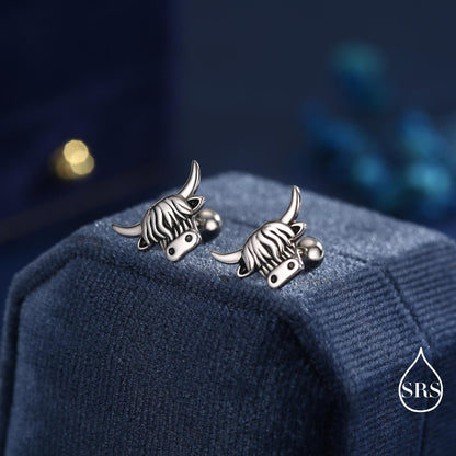Delicate Highland Cow Internal Flat Back /Screw Back / Stud Earrings in Sterling Silver, Silver or Gold or Rose Gold, Scottish Design