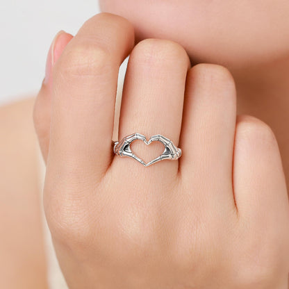 Skeleton Hands Heart Sterling Silver Ring – Gothic Love Collection - Adjustable Size