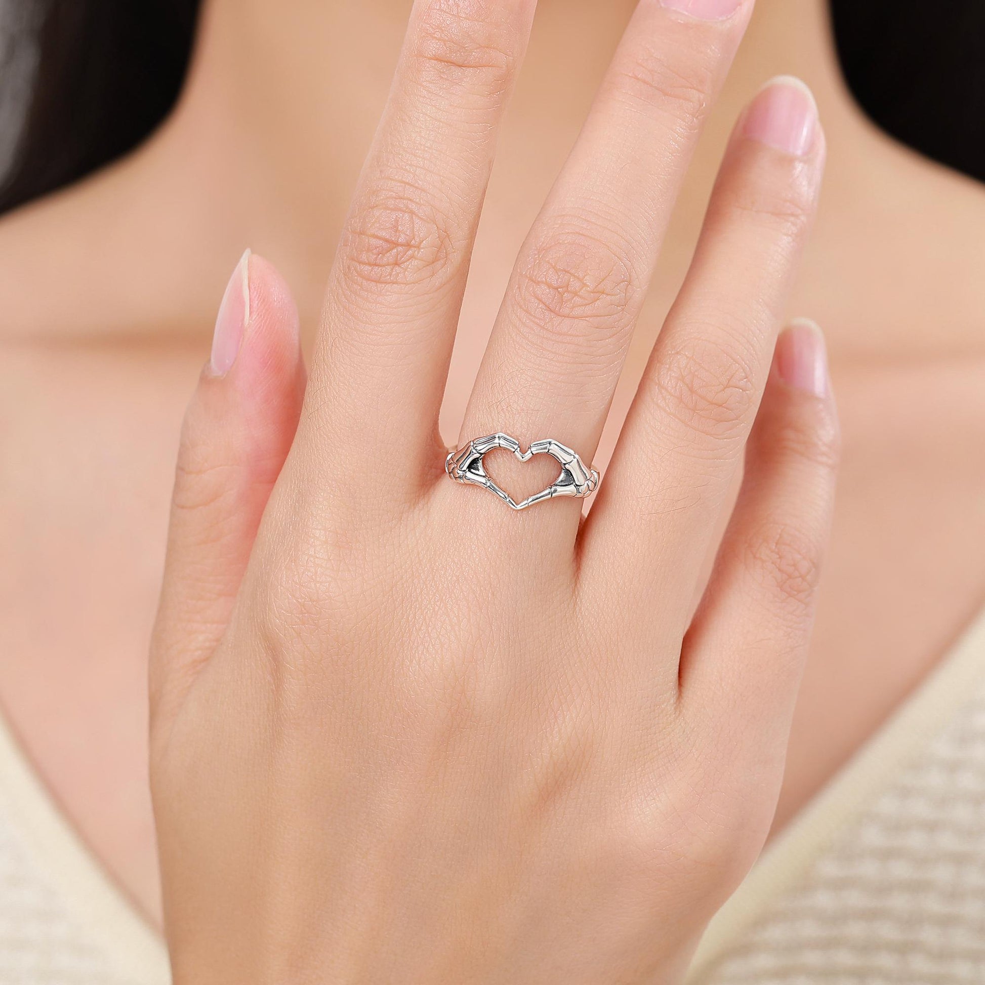 Skeleton Hands Heart Sterling Silver Ring – Gothic Love Collection - Adjustable Size