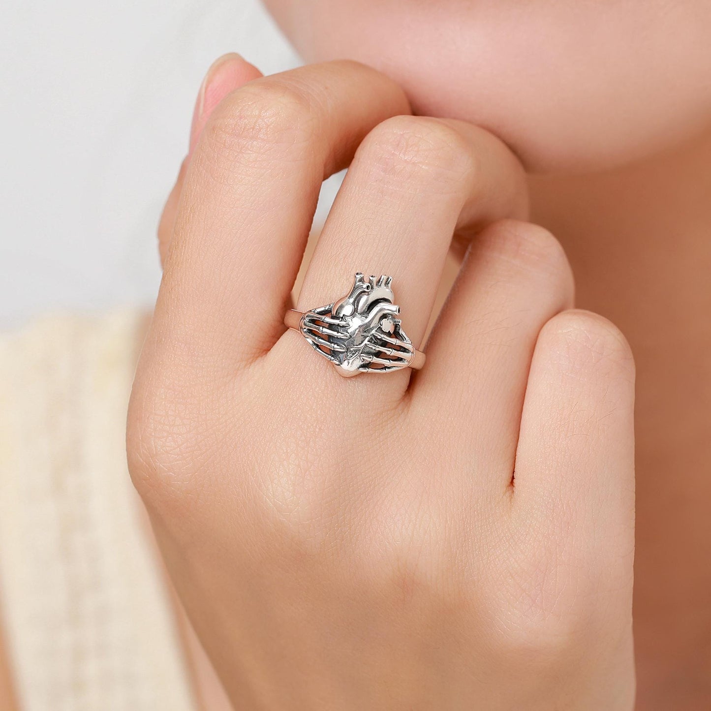 Anatomical Heart & Skeleton Hands Sterling Silver Ring, Oxidised Silver Heart in Hand Ring, Gothic Romantic Ring