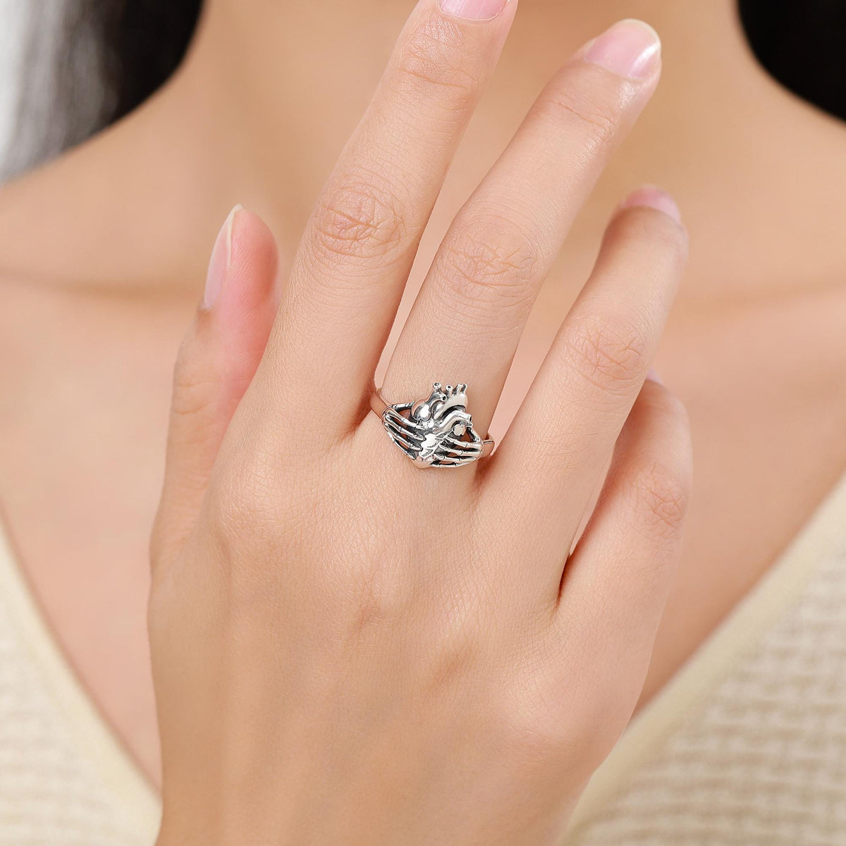 Anatomical Heart & Skeleton Hands Sterling Silver Ring, Oxidised Silver Heart in Hand Ring, Gothic Romantic Ring