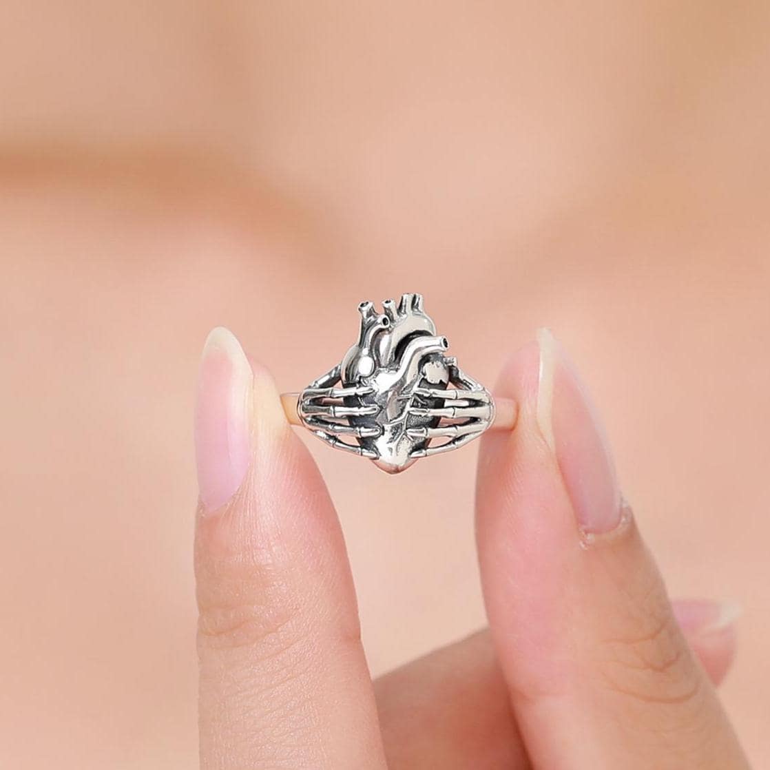 Anatomical Heart & Skeleton Hands Statement Ring