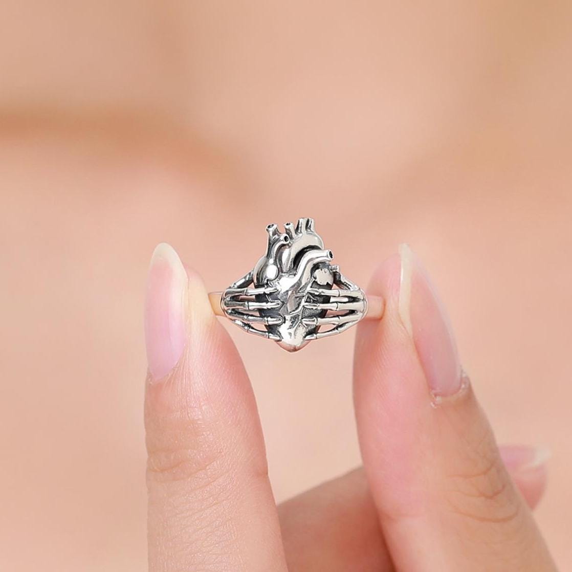 Anatomical Heart & Skeleton Hands Sterling Silver Ring, Oxidised Silver Heart in Hand Ring, Gothic Romantic Ring