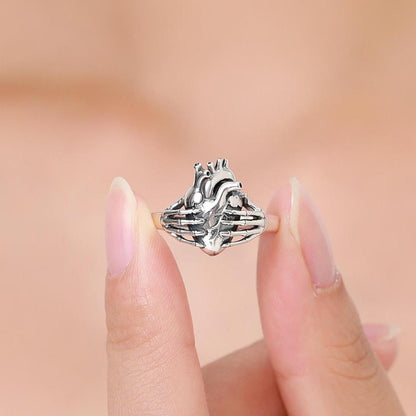 Anatomical Heart & Skeleton Hands Sterling Silver Ring, Oxidised Silver Heart in Hand Ring, Gothic Romantic Ring