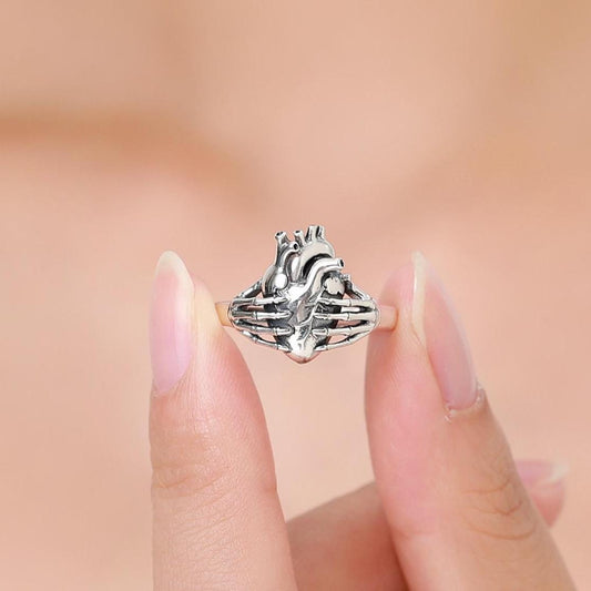 Anatomical Heart & Skeleton Hands Sterling Silver Ring, Oxidised Silver Heart in Hand Ring, Gothic Romantic Ring