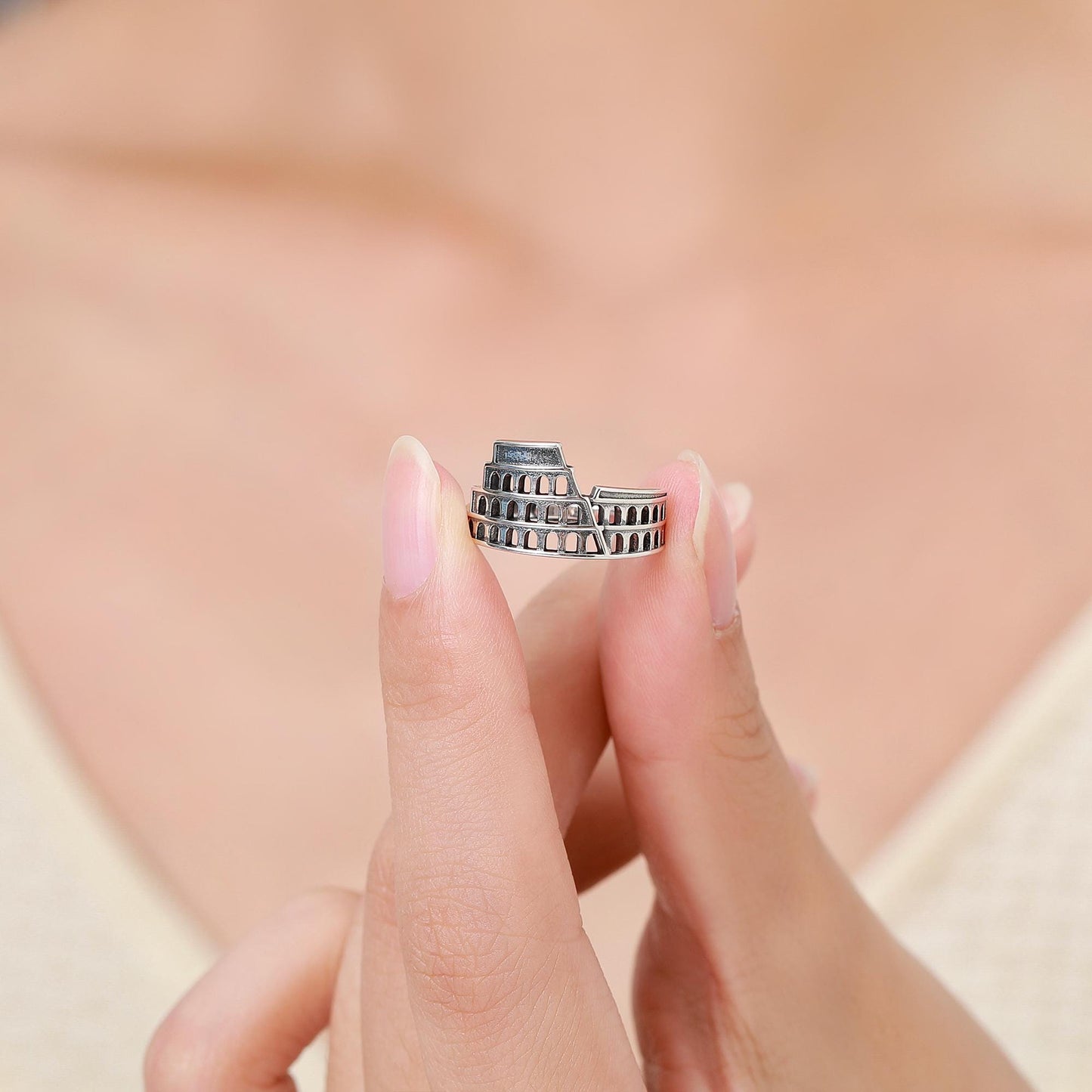 Colosseum Inspired Sterling Silver Adjustable Ring – Ancient Rome Collection - Oxidised Silver Chunky Statement Ring