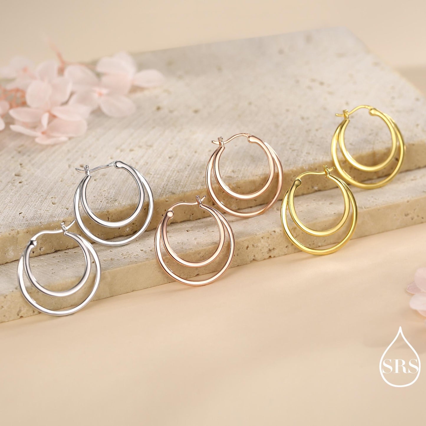 Single Piercing Double Large Hoop Earrings in Sterling Silver, Silver, Gold or Rose Gold Finish, Large Hoops, Silver Chunky Hoops