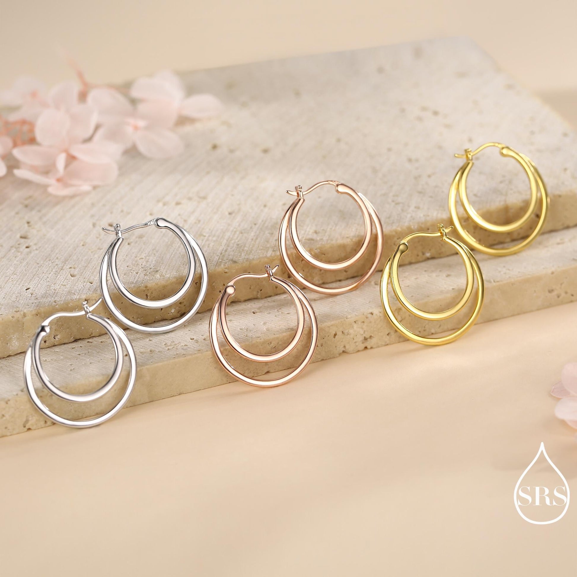 Single Piercing Double Large Hoop Earrings in Sterling Silver, Silver, Gold or Rose Gold Finish, Large Hoops, Silver Chunky Hoops
